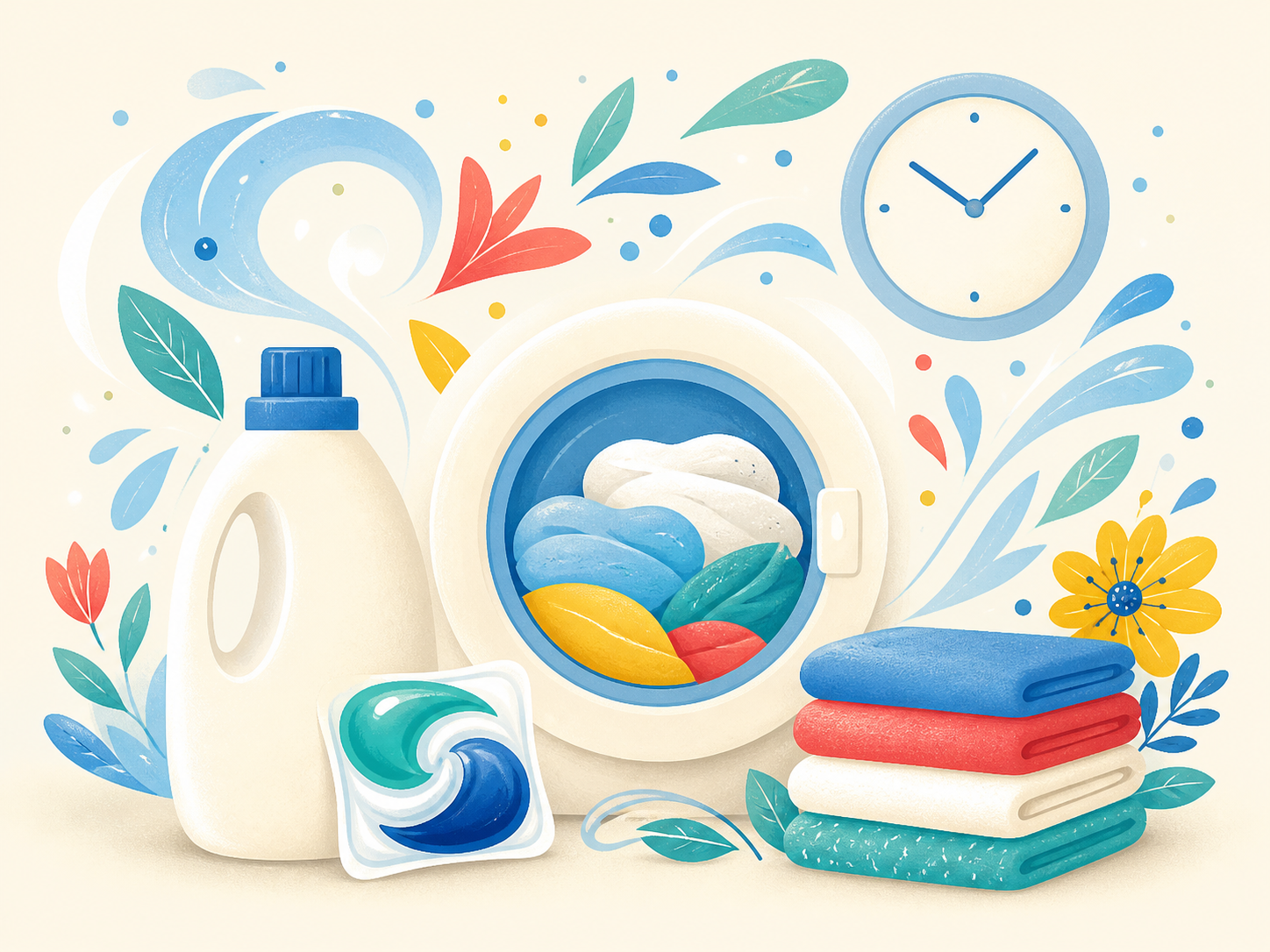 洗濯機と時計、洗剤のイラスト