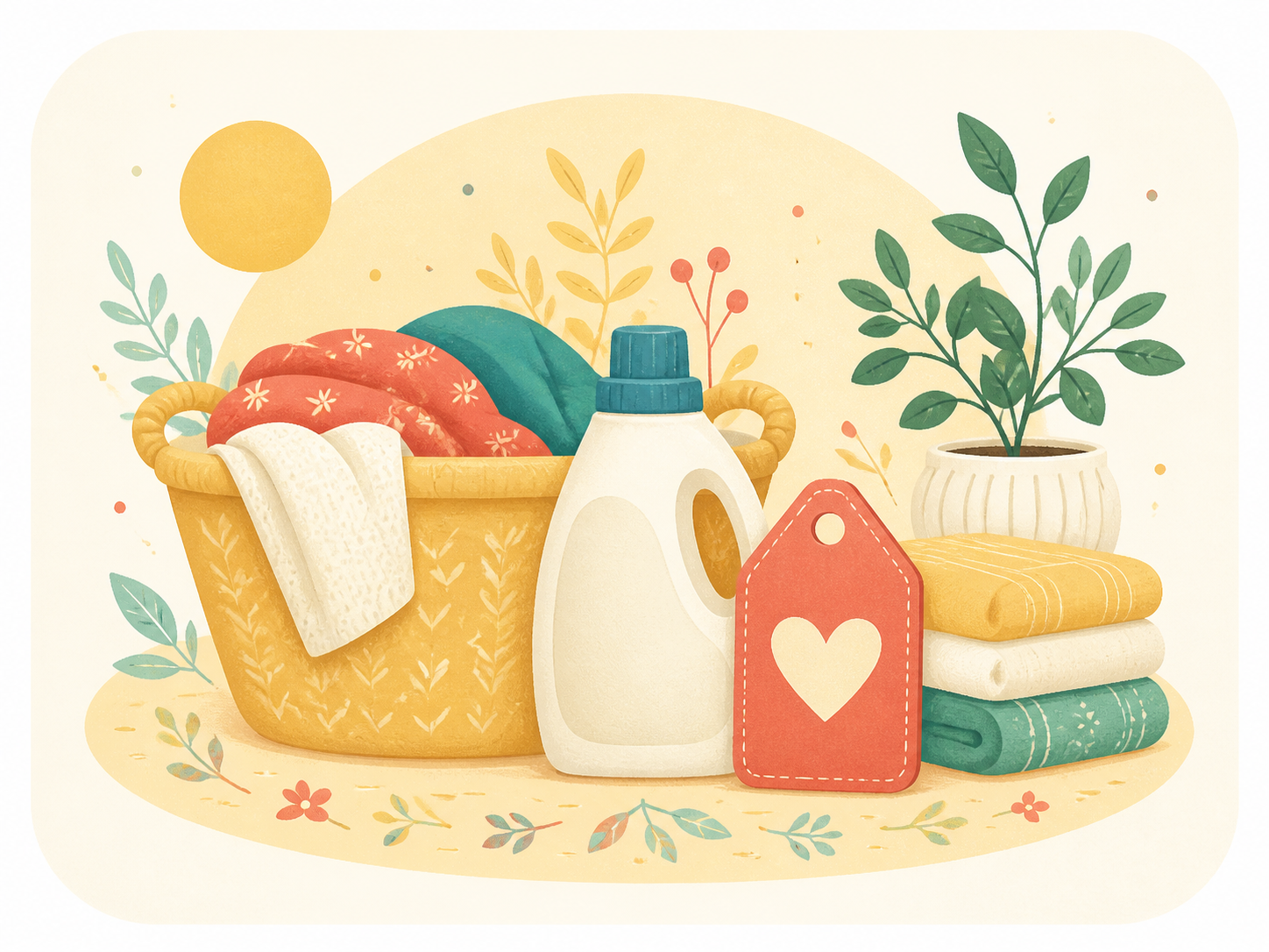 洗濯かごと洗剤、値札のイラスト