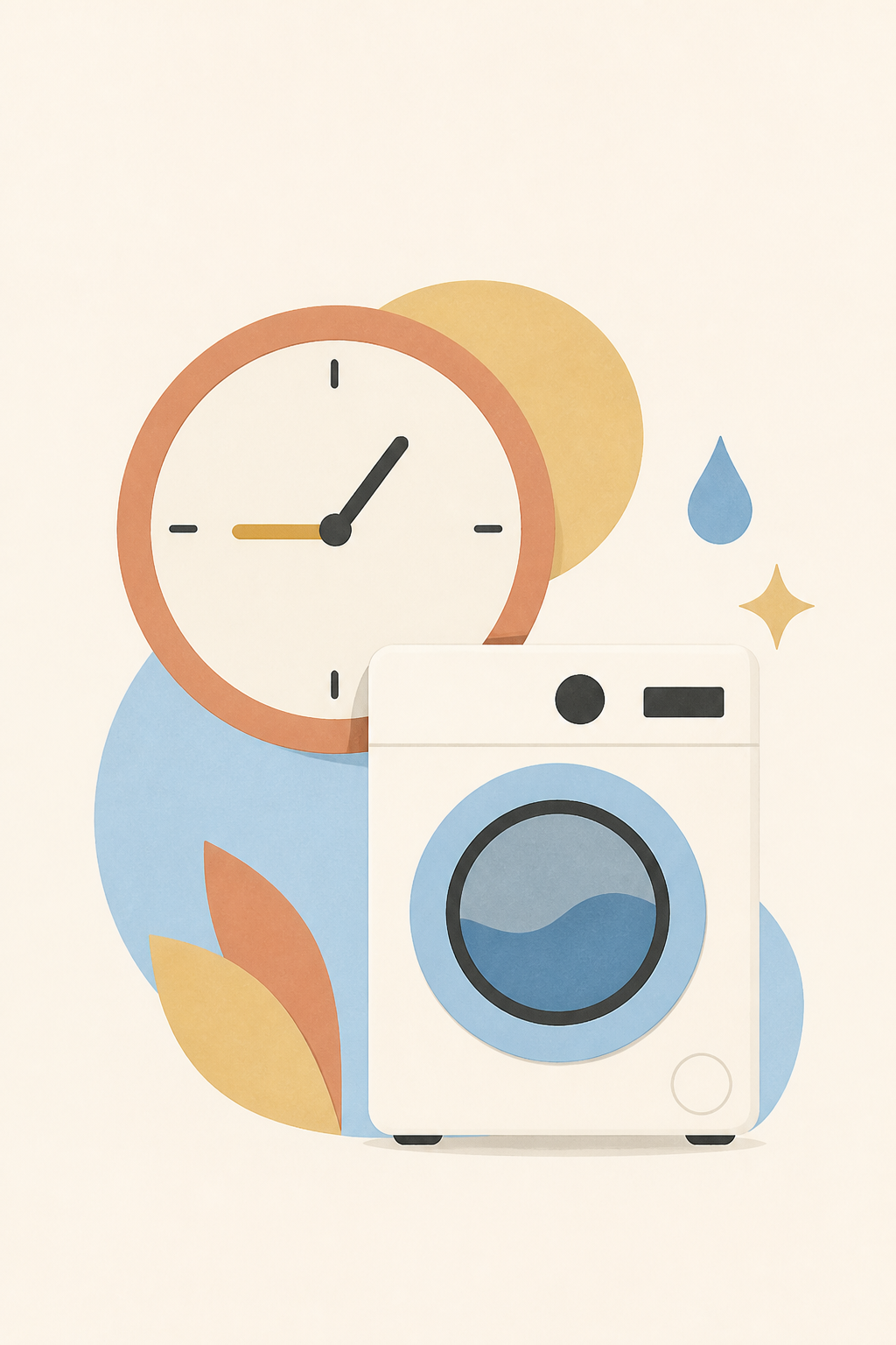 時計と洗濯機、水滴のイラスト